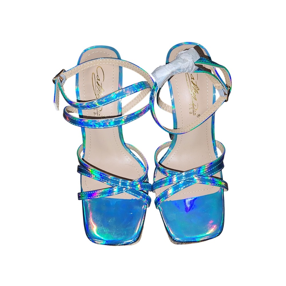 Cathy Din Carinaa-5 Blue Holographic Iridescent Strappy Platform Heels Size 6